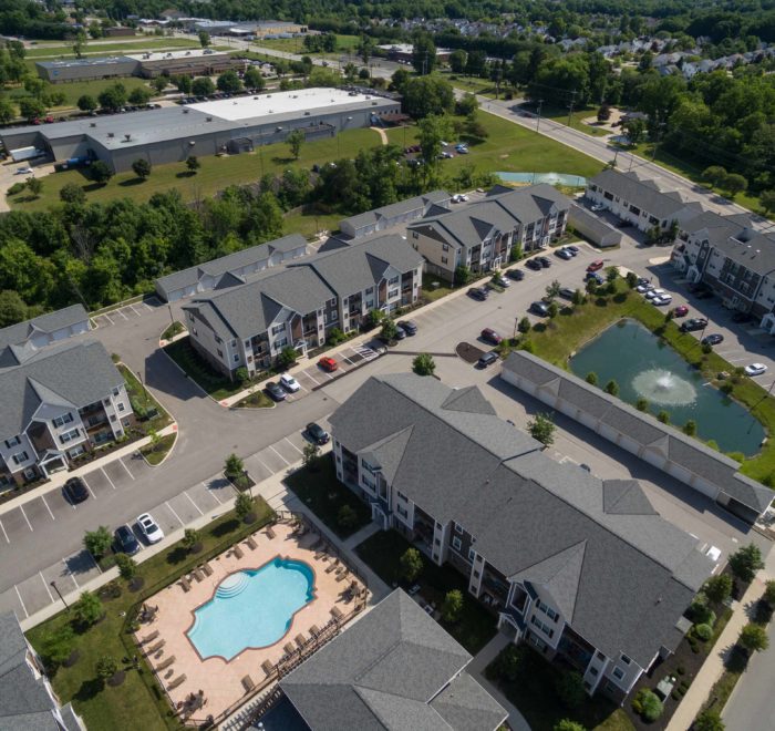 aerial view of french mill apartments pool
